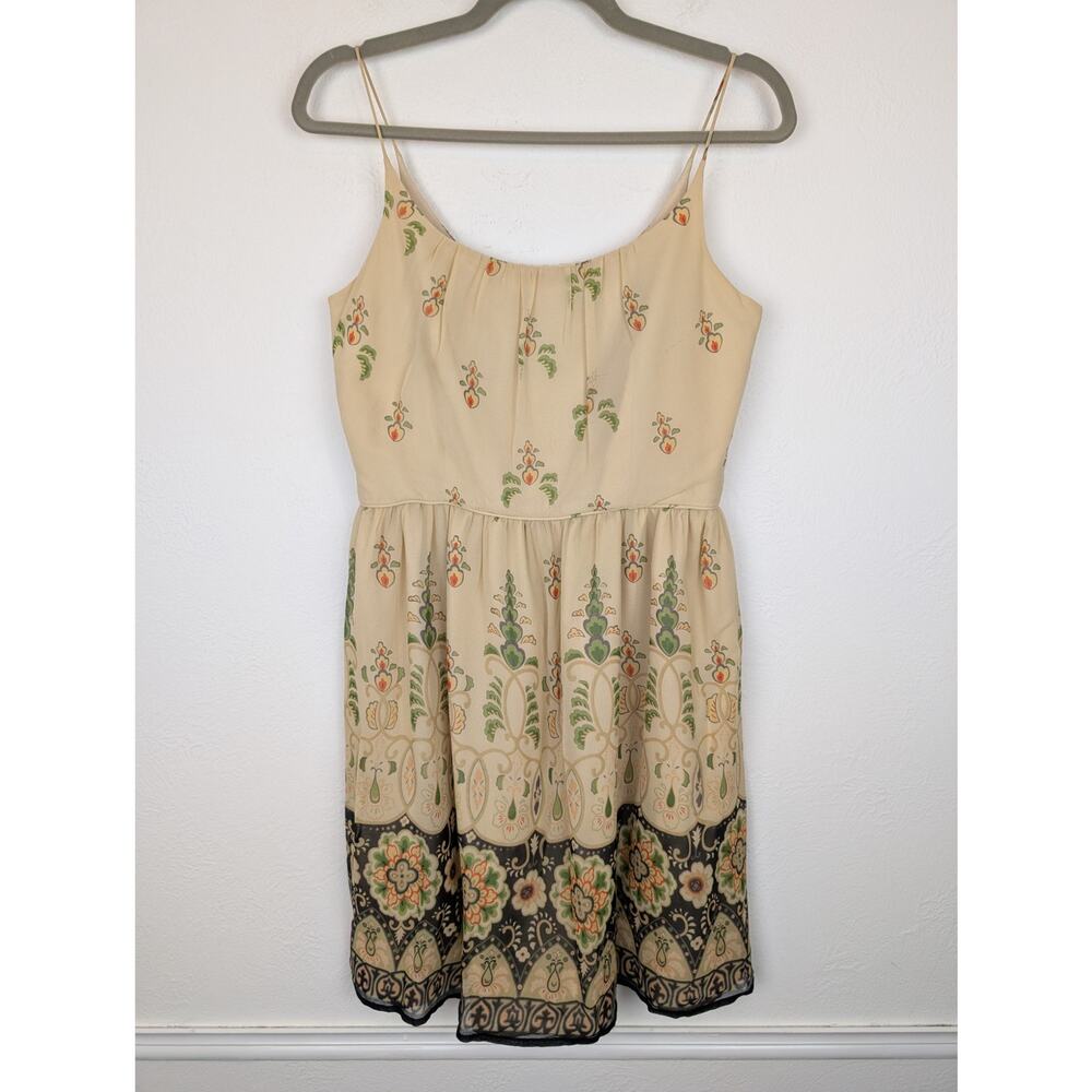 Anna Sui Anthro Dress Silk Floral Coquette Cottagecore Fairy Boho Tan Size 8